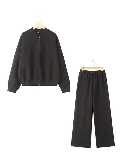 HH Women's 2-piece Retro Solid Color Zipper Bomber Jacket Sweatshirt + High-waisted Lace-up Women's Loose Velvet Pants Suit