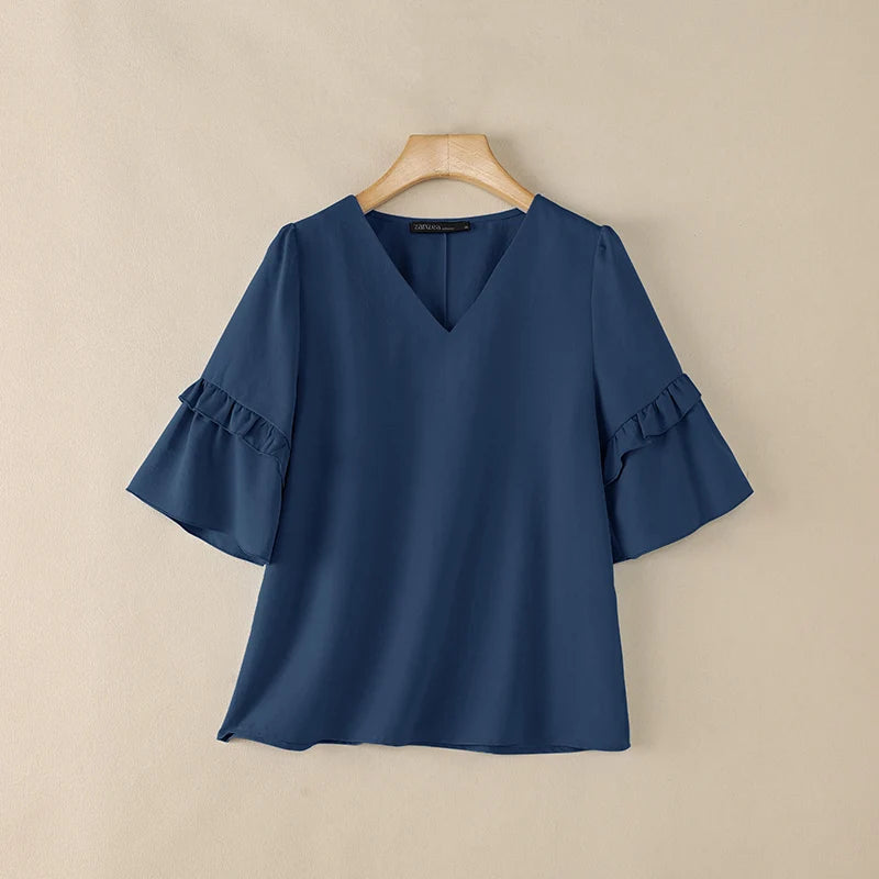ZANZEA Women Elegant Blouses V-Neck Half Flare Sleeve Ruffles Trim Pullover Tops Summer Daily Casual Solid Color Blusas de Mujer