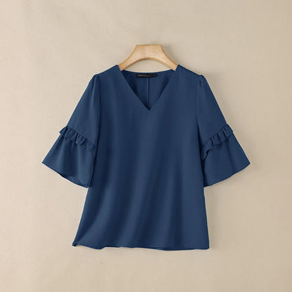 ZANZEA Women Elegant Blouses V-Neck Half Flare Sleeve Ruffles Trim Pullover Tops Summer Daily Casual Solid Color Blusas de Mujer