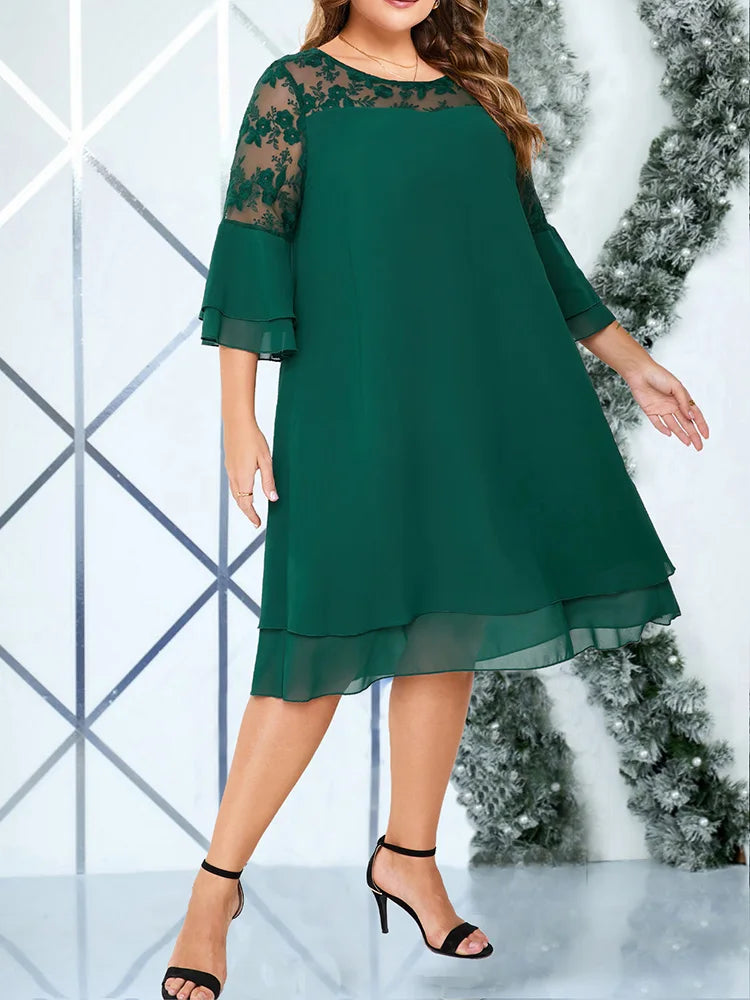 GIBSIE Plus Size Elegant Embroidered Mesh Patchwork Chiffon Dress Women Spring Summer O-Neck Flared Sleeve Layered Midi Dresses