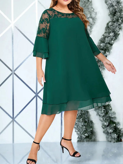 GIBSIE Plus Size Elegant Embroidered Mesh Patchwork Chiffon Dress Women Spring Summer O-Neck Flared Sleeve Layered Midi Dresses