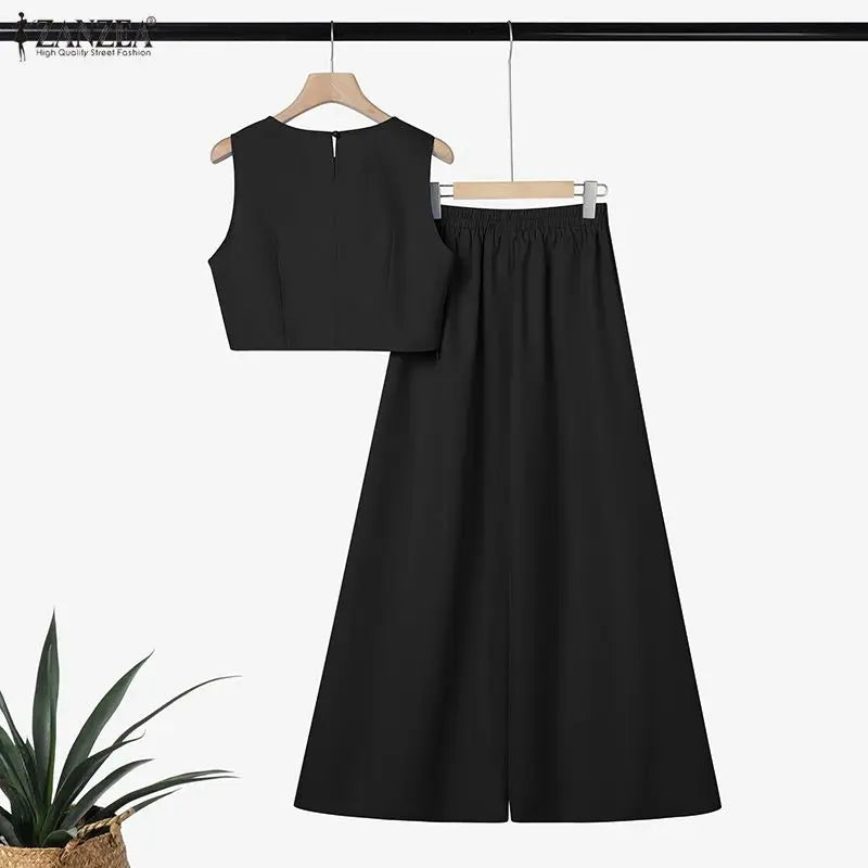 ZANZEA Elegant Women's Loose Pant Suits Wide Leg Pant & Sleeveless Crop Top 2 Pieces Sets Summer Fashion Solid Color Outfits