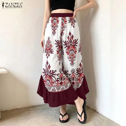 ZANZEA Women's Pants Vintage Printed Trouser Patchwork Casual Loose Ladies Bottoms Fashion Long Elegant Pants
