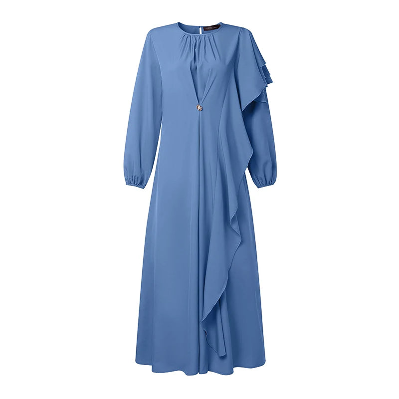 ZANZEA 2026 Women Elegant Long Sleeve Ruffled Dress Muslim Abaya Dress Ramadan Dubai Hijab Sundress IsIamic Robe Kaftan Vestidos
