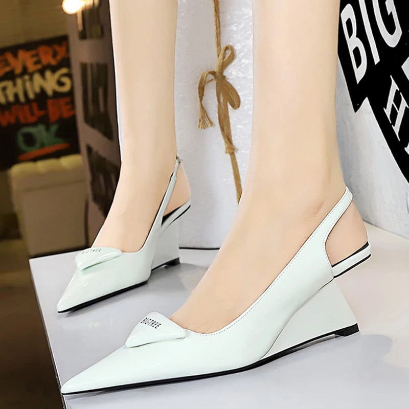 BIGTREE Shoes 2026 New Wedges Heels Women Patent Leather Woman Pumps Hollow Back Strap Women Sandals Elegant High Heels 6.5 Cm