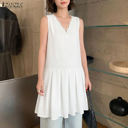 Summer Sleeveless Tops ZANZEA Women Blouses Lace Patchwork V Neck Pleated Blouse Streetwear OL Work Party Blusas Tops Tunic 3XL