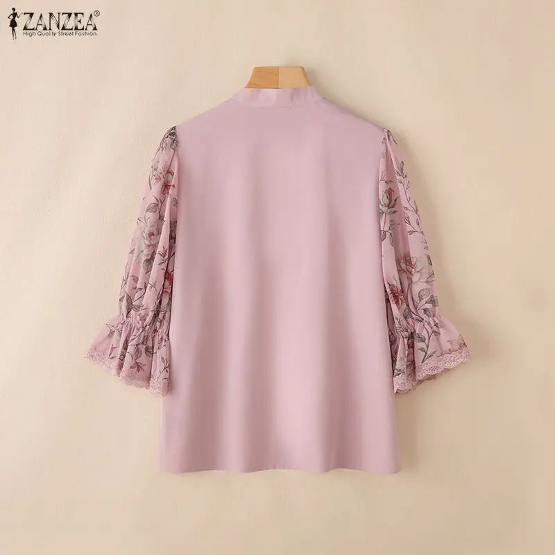 ZANZEA Elegant Women Blouses Floral Printed Chiffon Patchwork Tops Fashion V-Neck 3/4 Puff Sleeve Lace Trim Woman Clothes S-3XL