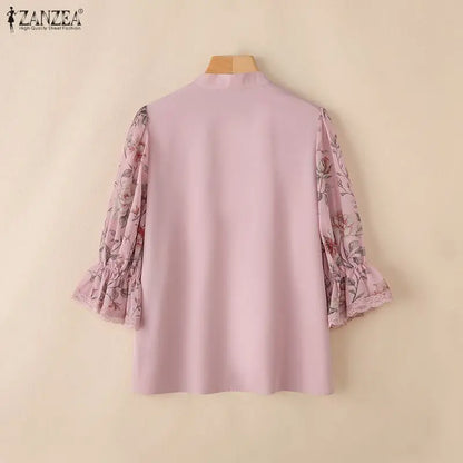 ZANZEA Elegant Women Blouses Floral Printed Chiffon Patchwork Tops Fashion V-Neck 3/4 Puff Sleeve Lace Trim Woman Clothes S-3XL