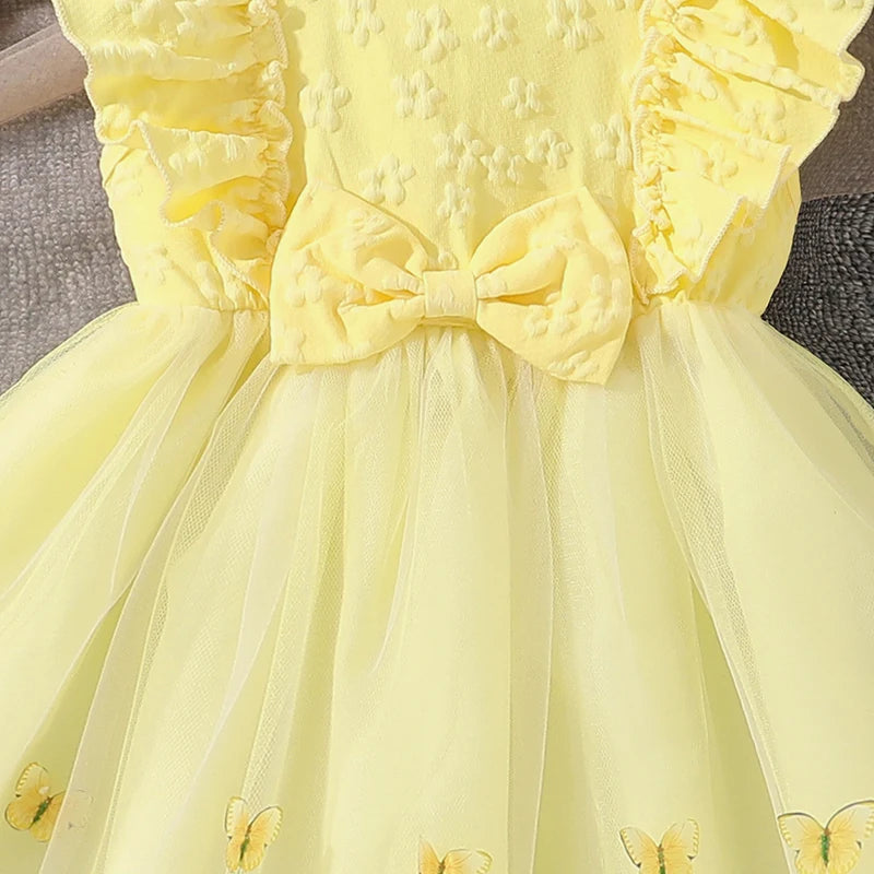 Dress For Girls Yellow O-Neck Fly-Sleeve Tulle Bowknot 8-12 Years Summer Elegant Sweet Style Princess Dress Kids Clothing