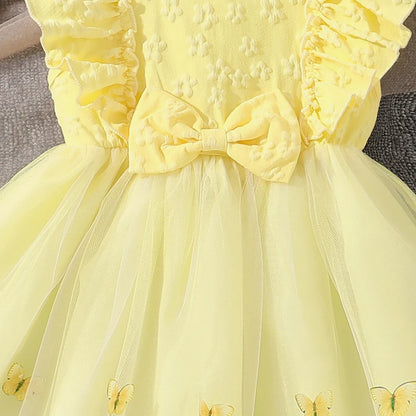 Dress For Girls Yellow O-Neck Fly-Sleeve Tulle Bowknot 8-12 Years Summer Elegant Sweet Style Princess Dress Kids Clothing