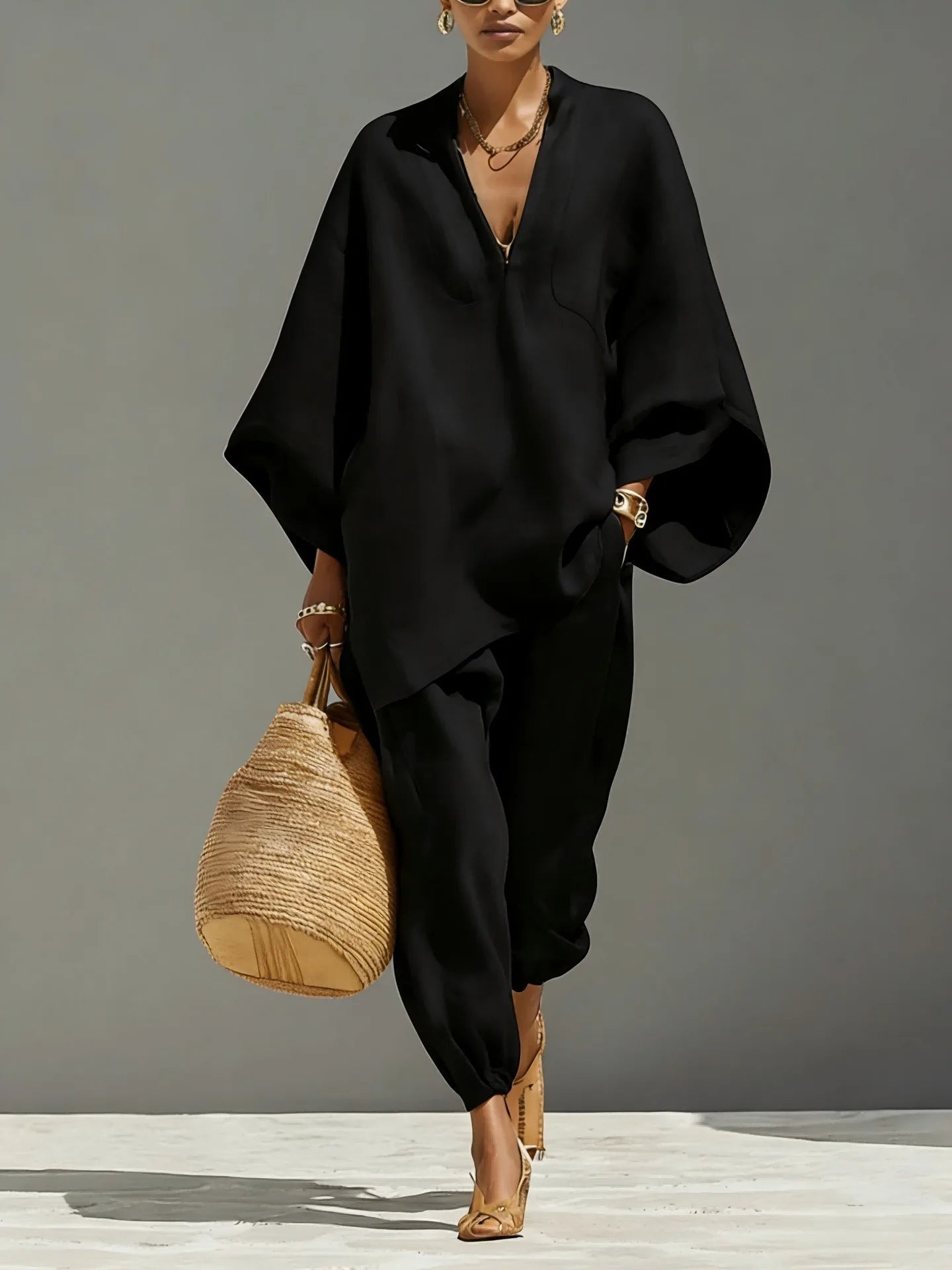 European and American Relaxation Solid Color V-neck Bat Sleeve Loose Top + Bow Leg Casual Pants Holiday Style Elegant Suit