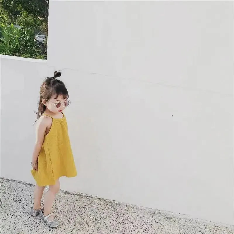 0-12M Baby Girls Summer Cotton Muslin Suspender Dress Solid Color Sleeveless Loose Casual Princess Dress For Newborn Girls