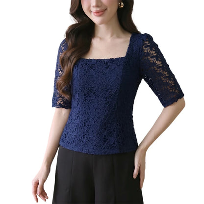 ZANZEA Women Classy Elegant Lace Patchwork Blouses Square Neck Half Sleeve Side Zipper Fitted Short Tops Summer Blusas de Mujer