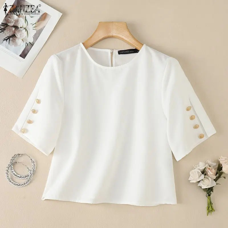 ZANZEA Women's Minimalist Fashion Blouses Elegant O-Neck Buttons Detailed Half Sleeves Solid Tops Summer Loose Blusas de Mujer