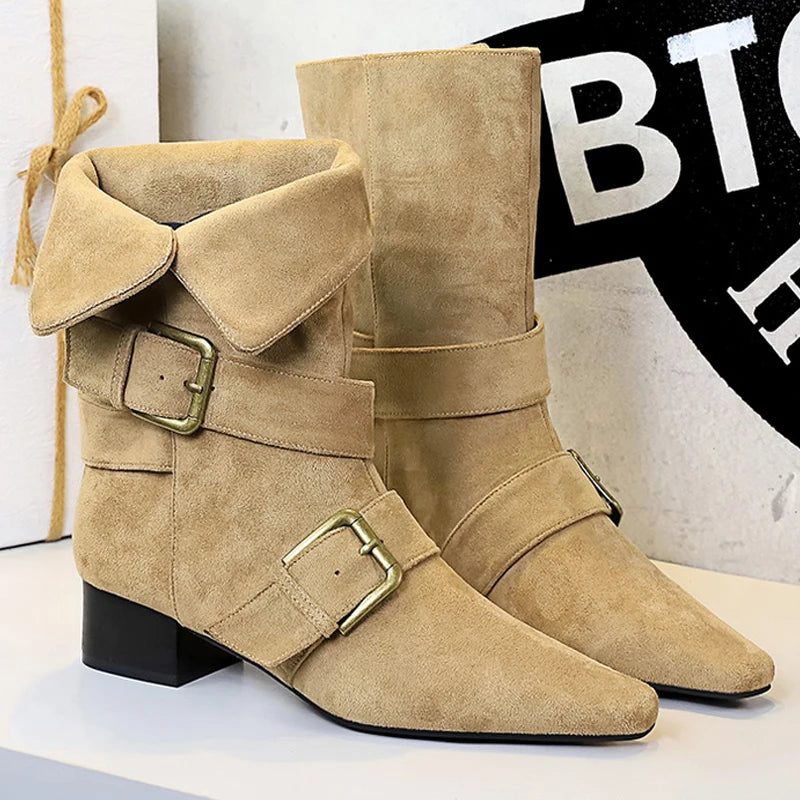 BIGTREE Shoes 2026 New Women Western Boot Retro Mid-Calf Boots Square Head Belt Buckle Women Boots Suede Thick Heel Autumn Boots