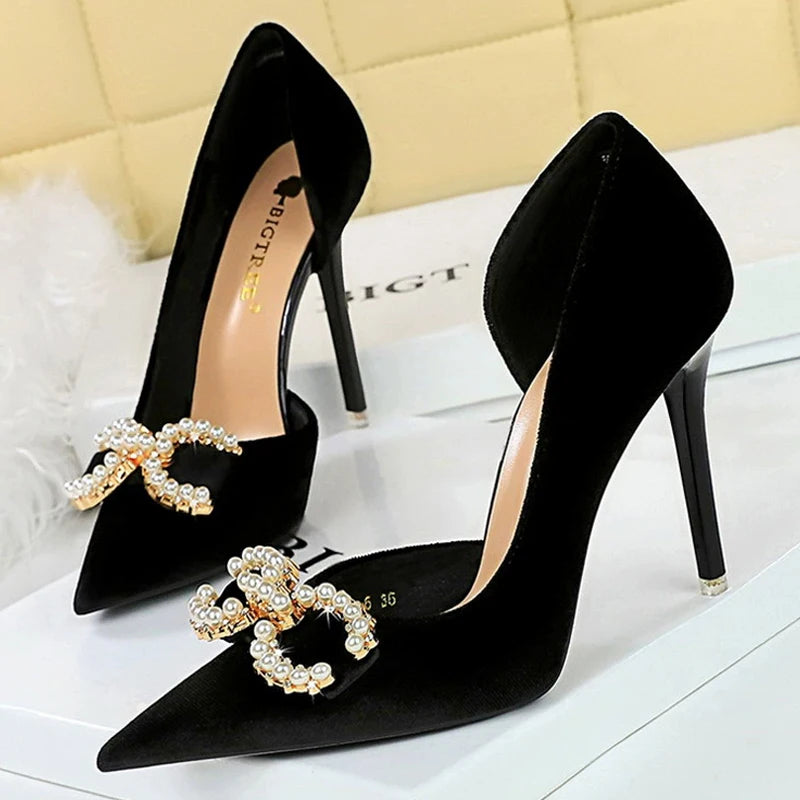 BIGTREE Shoes 7 Cm Kitten High Heels Rhinestone Buckle Pearl Design Women Pumps Suede Ladies Heels Stilettos Luxury Party Shoes
