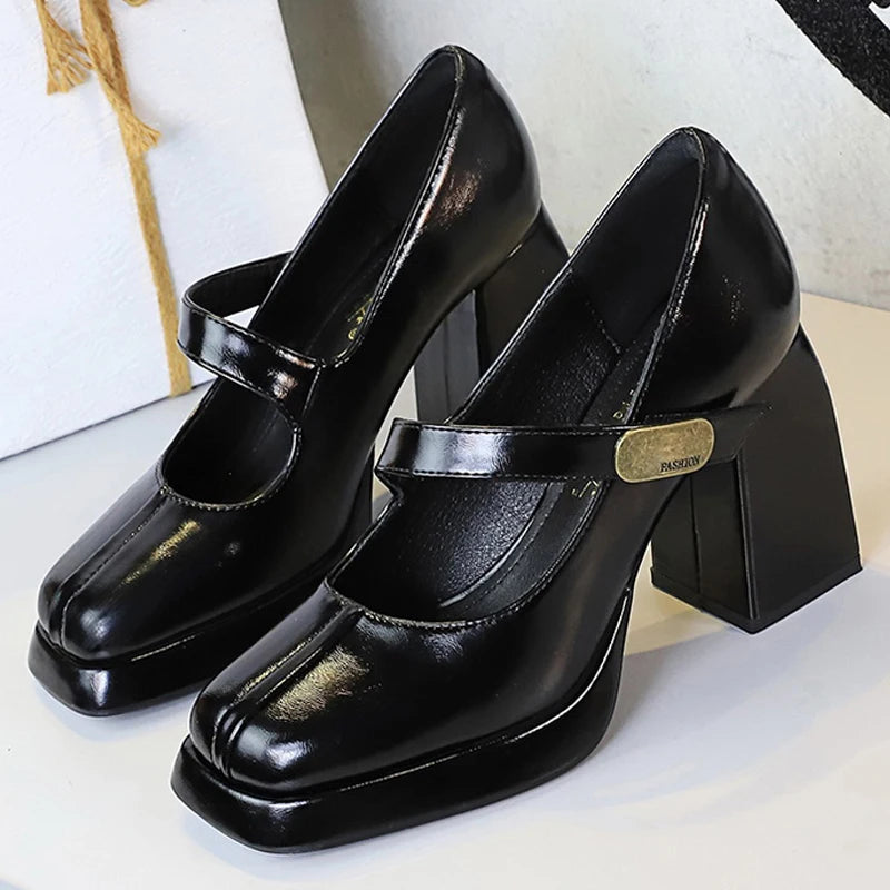 BIGTREE Shoes Retro Chunky Women Pumps Block Heel Women Shoes Metal Buckle Pumps Shoes Platform High Heels 9 Cm Female Shoes