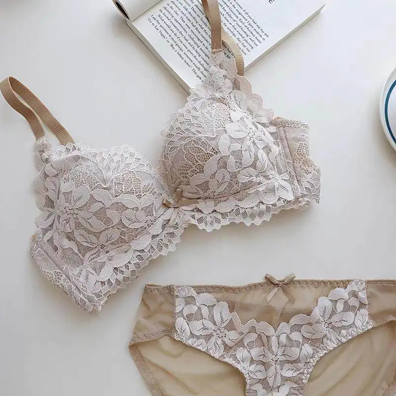 Japanese Style Lace Bra Set Women Small Bust Push Up Lift Adjustable Anti Sagging Side Support No Gap Wirefree Luxury Comfort AB