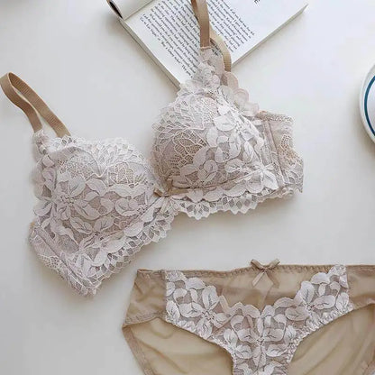 Japanese Style Lace Bra Set Women Small Bust Push Up Lift Adjustable Anti Sagging Side Support No Gap Wirefree Luxury Comfort AB