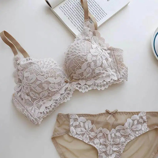 Japanese Style Lace Bra Set Women Small Bust Push Up Lift Adjustable Anti Sagging Side Support No Gap Wirefree Luxury Comfort AB
