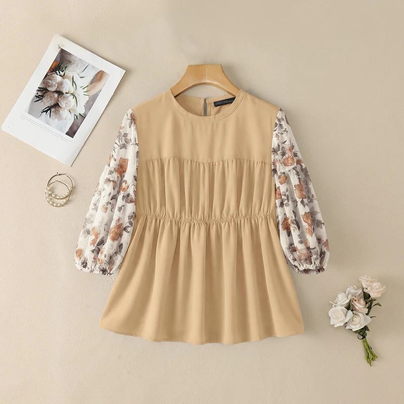 ZANZEA Women's Summer Elegant Blouses Floral Printed 3/4 Lantern Sleeve Patchwork Tops Feminine O-Neck Shirred Blusas de Mujer