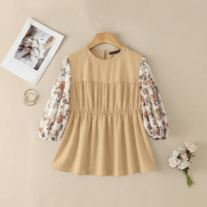 ZANZEA Women's Summer Elegant Blouses Floral Printed 3/4 Lantern Sleeve Patchwork Tops Feminine O-Neck Shirred Blusas de Mujer