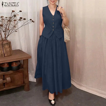 2026 ZANZEA Summer Elegant V Neck Sleeveless Shirt Dress Sets Fashion Women 2 Piece Sets Solid Outfits Stylish OL Work Suit