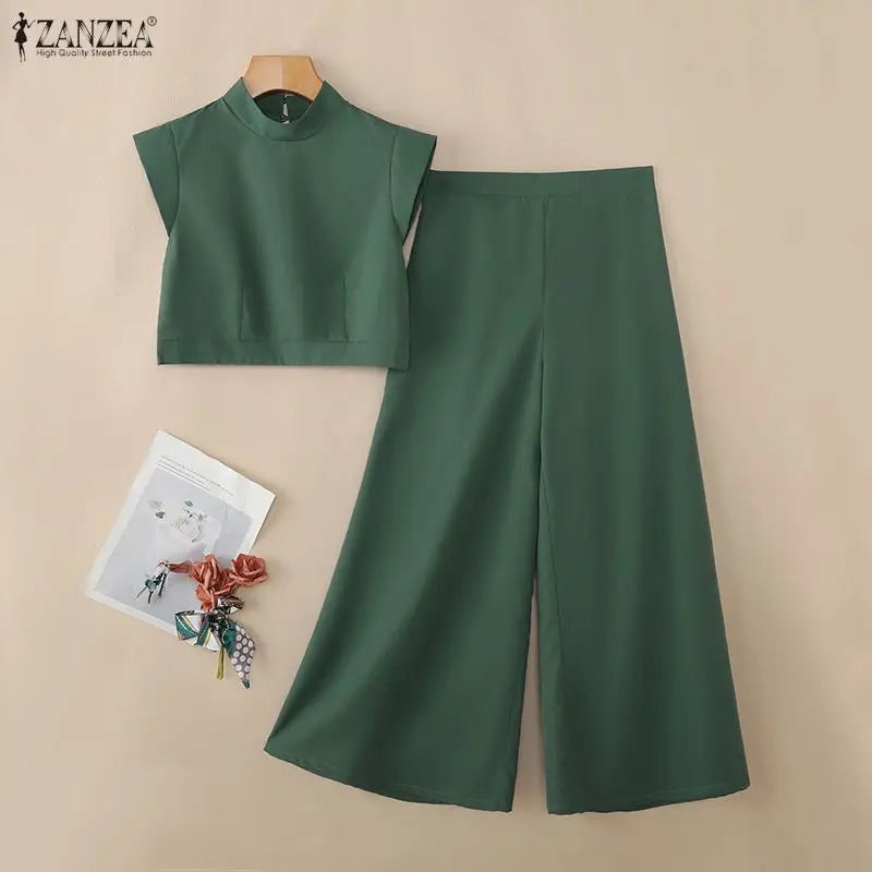 ZANZEA Women's Elegant Pant Suits Wide Leg Pant & Stand Collar Crop Top 2 Pieces Sets Minimalist Fashion Outfits Streetwear