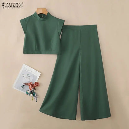 ZANZEA Women's Elegant Pant Suits Wide Leg Pant & Stand Collar Crop Top 2 Pieces Sets Minimalist Fashion Outfits Streetwear