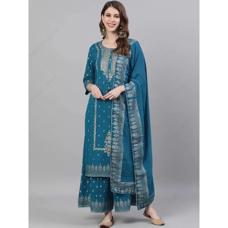 Indian Women's Punjabi Suit 3-Piece Set Cotton Floral Print Kurta Dupatta Ethnic Salwar Kameez for Wedding Diwali Daily Wear