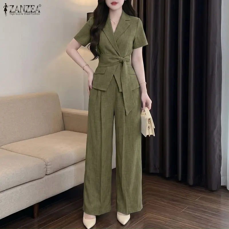 ZANZEA Women Summer Pant Sets 2PCS Solid Color Short Sleeve Tops Long Pants Matching Sets Streetwear Two-piece Outfits Female