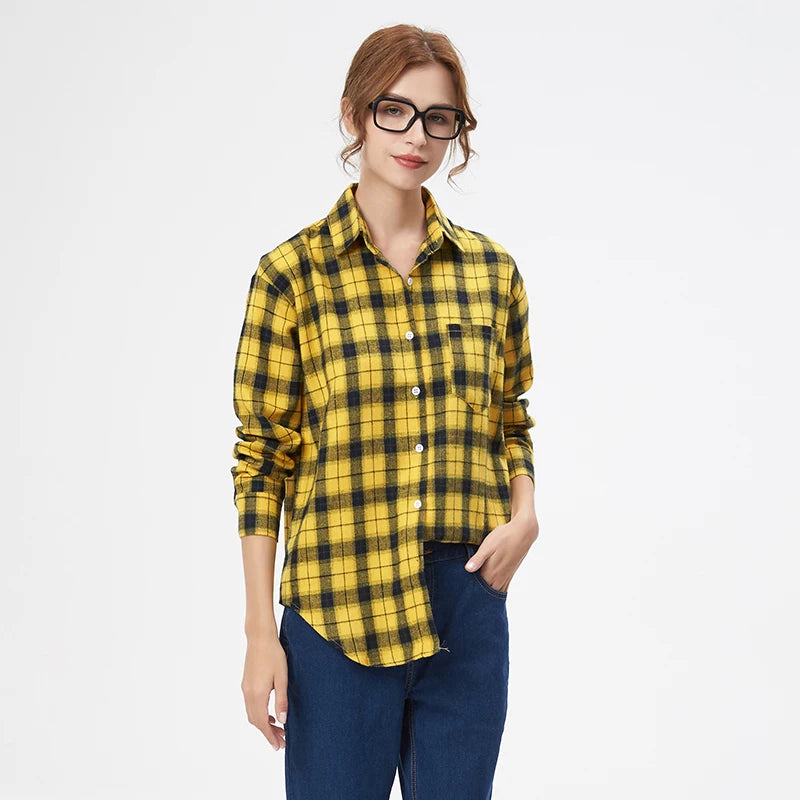 Fresh Flannel Plaid Shirt Women 2026 New Female Blouses and Tops Cotton Loose Long Sleeve Casual Shirts Fine Women's Clothes