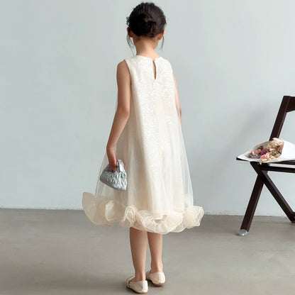 Kids Princess Dresses For Girls White Sleeveless Tulle Ruffle Dress Birthday Party Pageant Wedding Flower Girl Dress 6 -13 Year