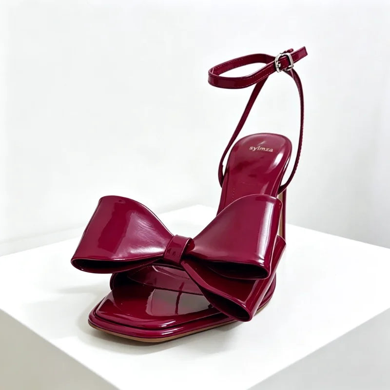 Luxury Red Butterfly-knot Ankle Strap Heeled Sandals Women Sexy Square Toe Peep Toe Thin High Heels Elegant Wedding Bridal Heels