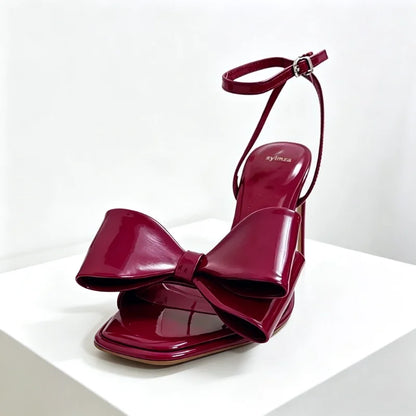 Luxury Red Butterfly-knot Ankle Strap Heeled Sandals Women Sexy Square Toe Peep Toe Thin High Heels Elegant Wedding Bridal Heels