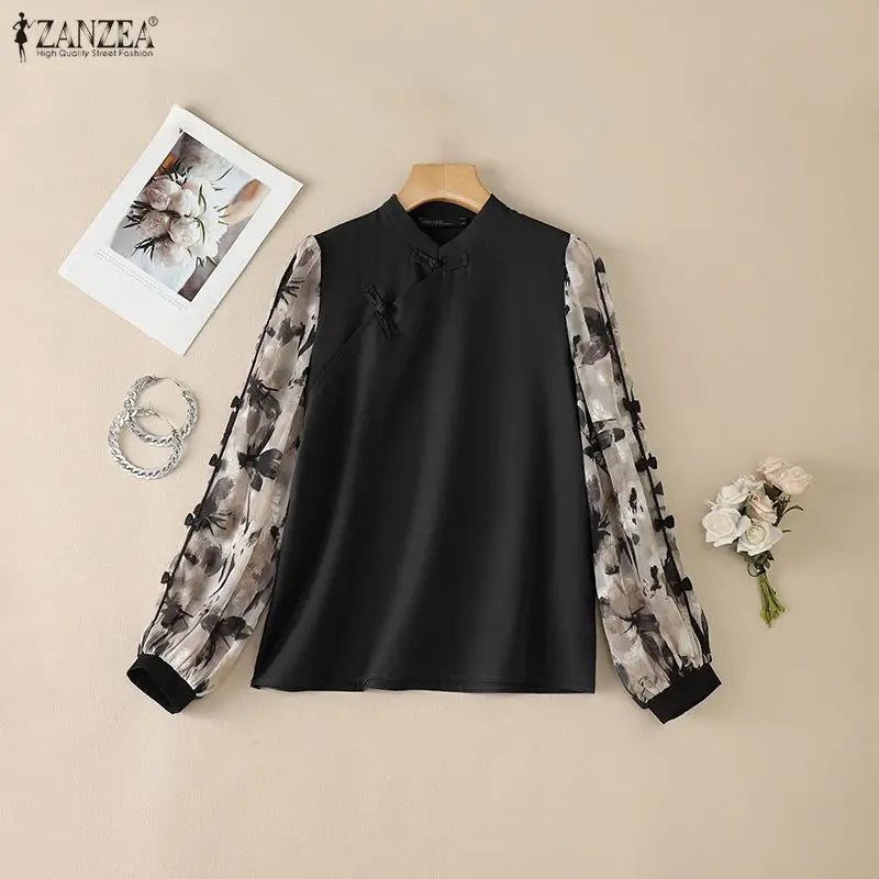 ZANZEA Summer Woman Vintage Blouses Mandarin Collar Floral Printed Puff Sleeves Bows Detail Tunic Tops Casual Blusas de Mujer