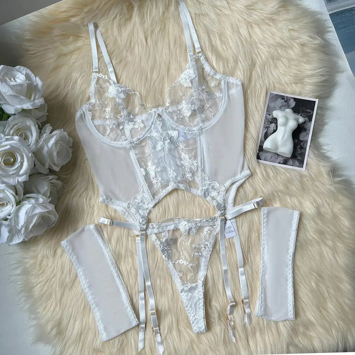 Floral Embroidery Mesh Corset Lingerie Set See Through Garter Belt 3 Piece Sexy Outfit Valentine Boudoir Photoshoot Romantic