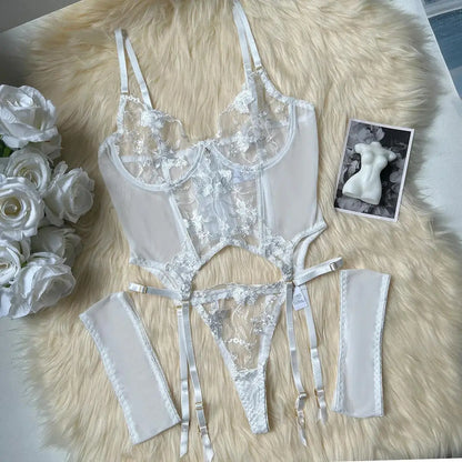 Floral Embroidery Mesh Corset Lingerie Set See Through Garter Belt 3 Piece Sexy Outfit Valentine Boudoir Photoshoot Romantic