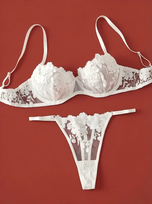 French White  Embroidered Lace Underwear Set Elegant Feminine Design Bra And Panties Combo for Women