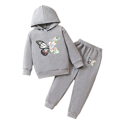 Kids Soft Casual Workout Outfit Girls Cute Butterfly Print Outfit Tracksuit Long Sleeves Hoodie with Pants Outdoor Sports Wear