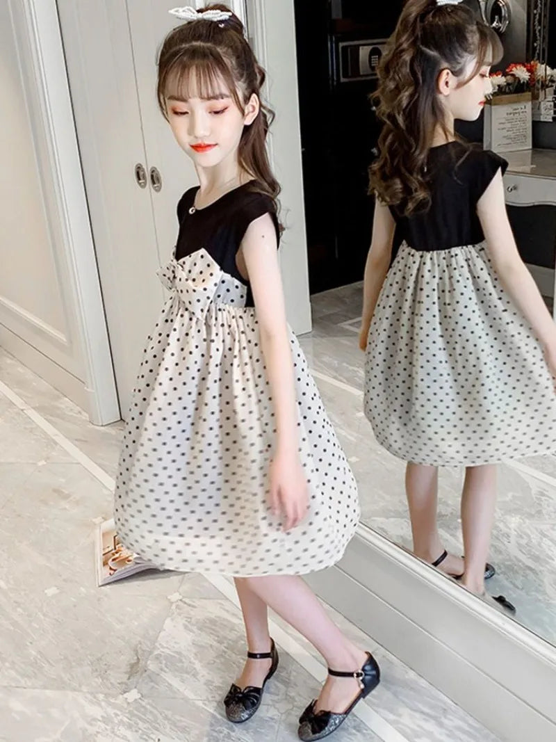 Sweet Polka Dot Midi Dress for Baby Girls Summer Clothes Girl's Elegant Dresses Children 7 8 Years Women's Cotton Linen 9 10 Kid