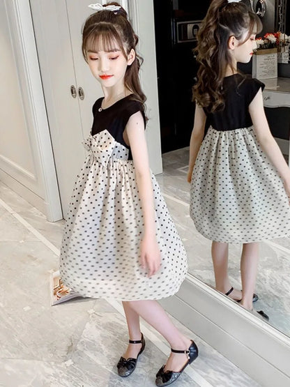 Sweet Polka Dot Midi Dress for Baby Girls Summer Clothes Girl's Elegant Dresses Children 7 8 Years Women's Cotton Linen 9 10 Kid