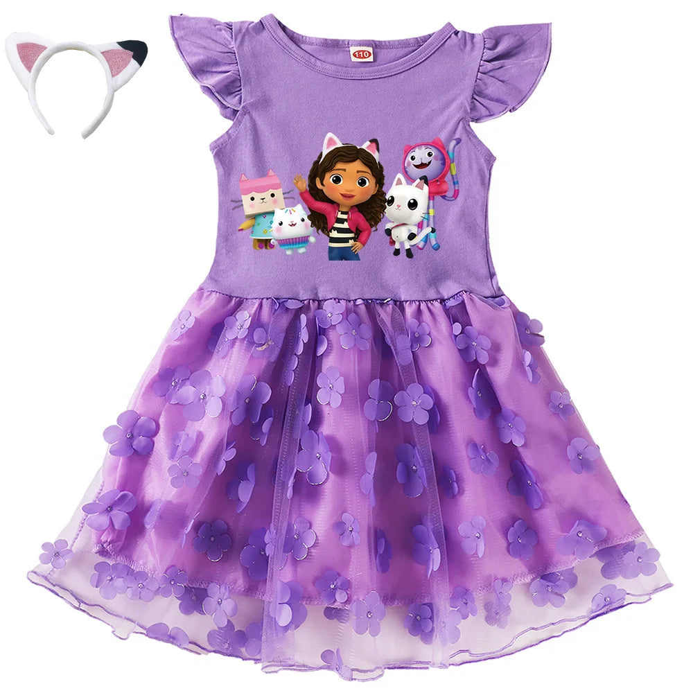 Vestidos Gabbys Dollhouse Costume Kids Cartoon Gabby Chat Dress Baby Girls Summer Short Sleeve Casual Dresses and Bag & Headband