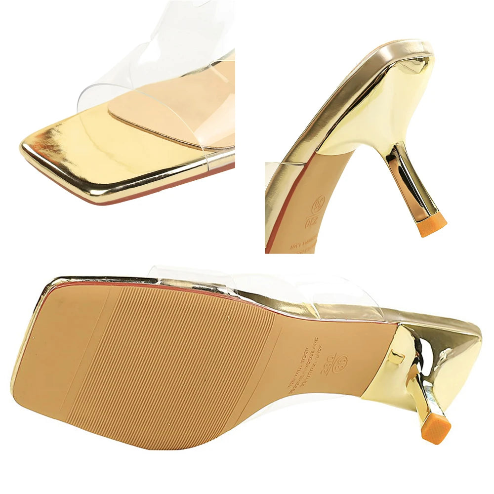 BIGTREE Shoes Transparent Women Sandals Square Head Open-Toe High-Heeled Sandals Summer Shoes Stiletto Heels 6.5 cm Slippers