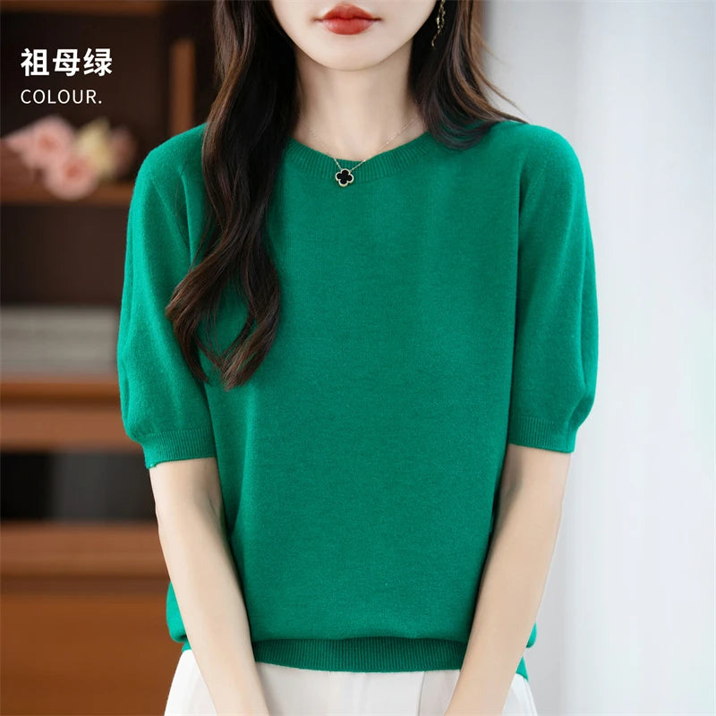Autumn Women 100% Merino Wool Sweater O-Neck Cashmere Pullover Basic Fashion Short Sleeve Clothing Comfort Top Casual Solid