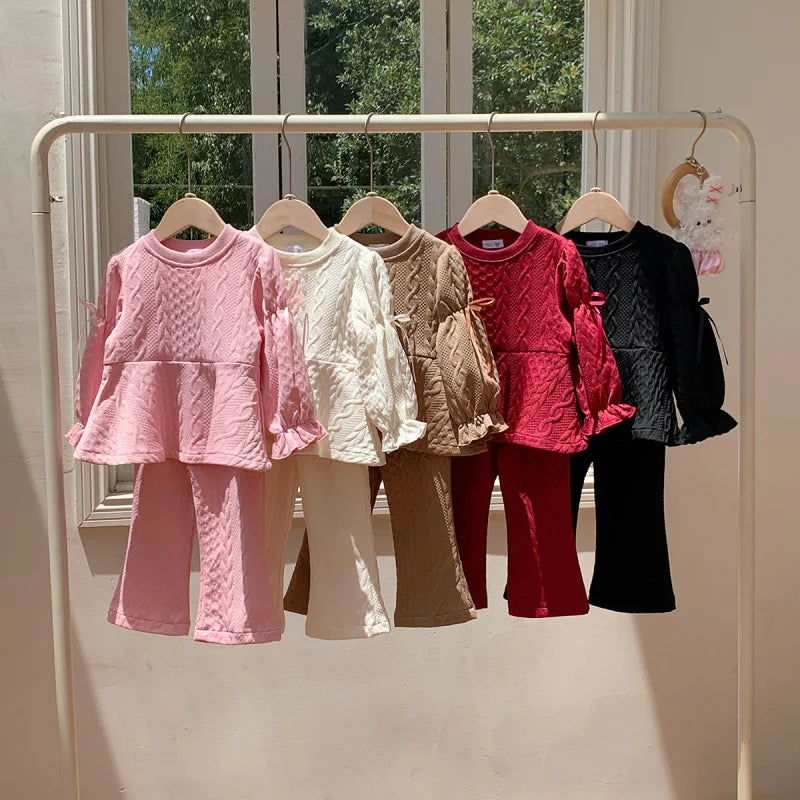 2026 Autumn New Children Long Sleeve Clothes Set Girls Cute Bow Loose Tops + Flared Trousers 2pcs Suit Kids Girls Outfits