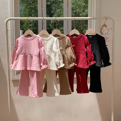 2026 Autumn New Children Long Sleeve Clothes Set Girls Cute Bow Loose Tops + Flared Trousers 2pcs Suit Kids Girls Outfits