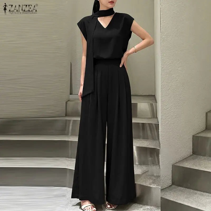 ZANZEA Women Minimalist 2pcs Matching Pant Sets Sashes V-Neck Blouses & Elastic Back Waist Wide Leg Pants Suits Outfits Commute
