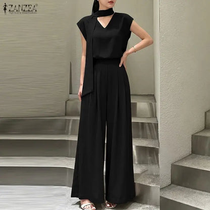 ZANZEA Women Minimalist 2pcs Matching Pant Sets Sashes V-Neck Blouses & Elastic Back Waist Wide Leg Pants Suits Outfits Commute