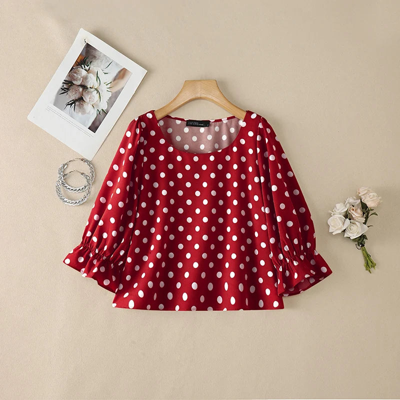 ZANZEA Women's Polka Dot Blouses Elegant Square Neck 3/4 Puff Sleeve Elastic Cuffs Pullover Tops Daily Casual Blusas de Mujer